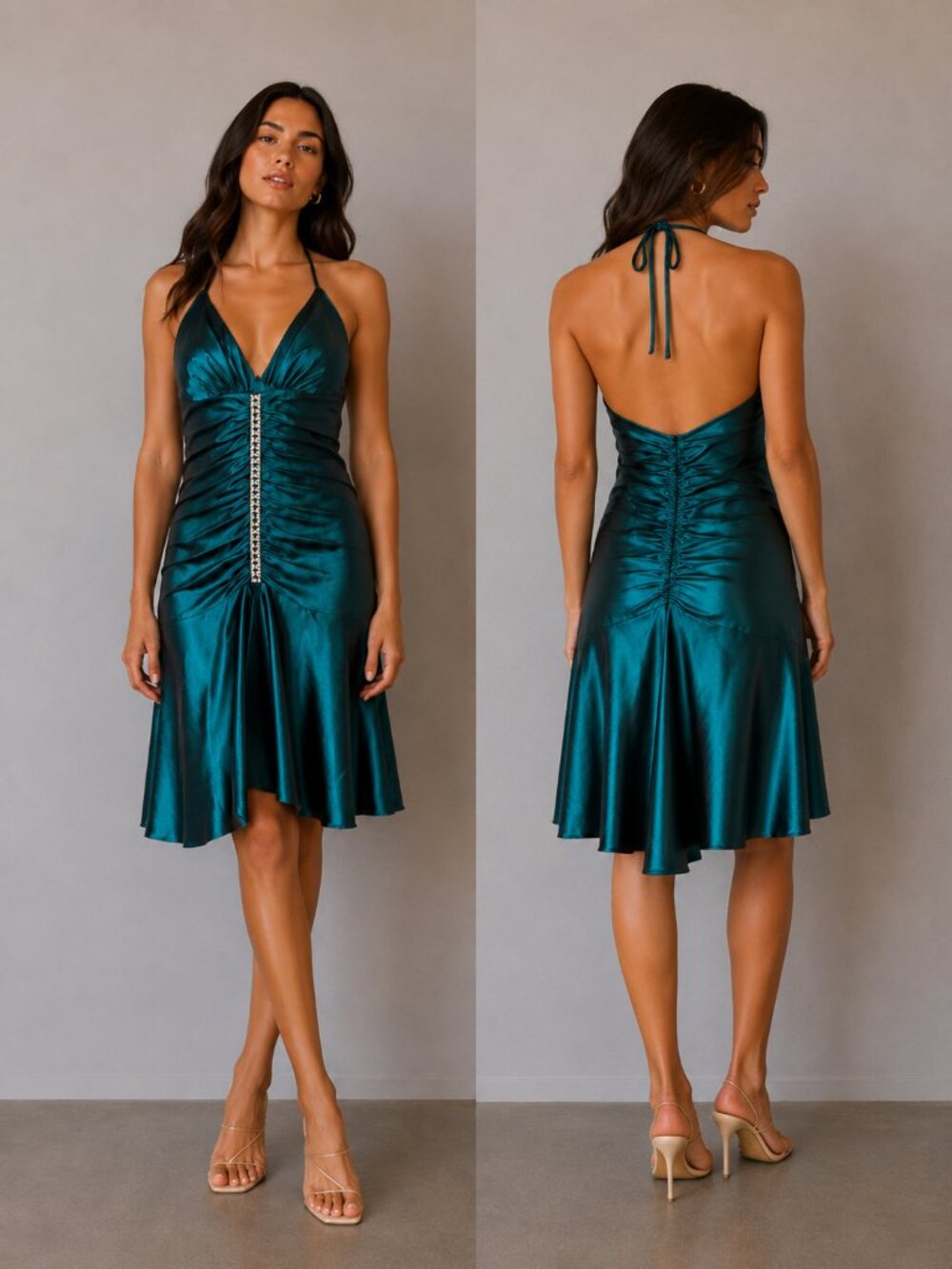 Vintage Y2k Jessica McClintock Embellished Satin Halter Slip Dress Size Small